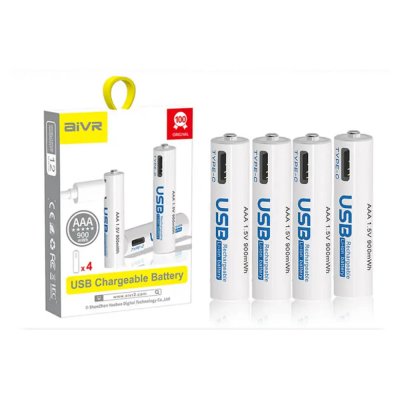 AiVR USB Rechargeable Batteries 4pc AAA 900mAh